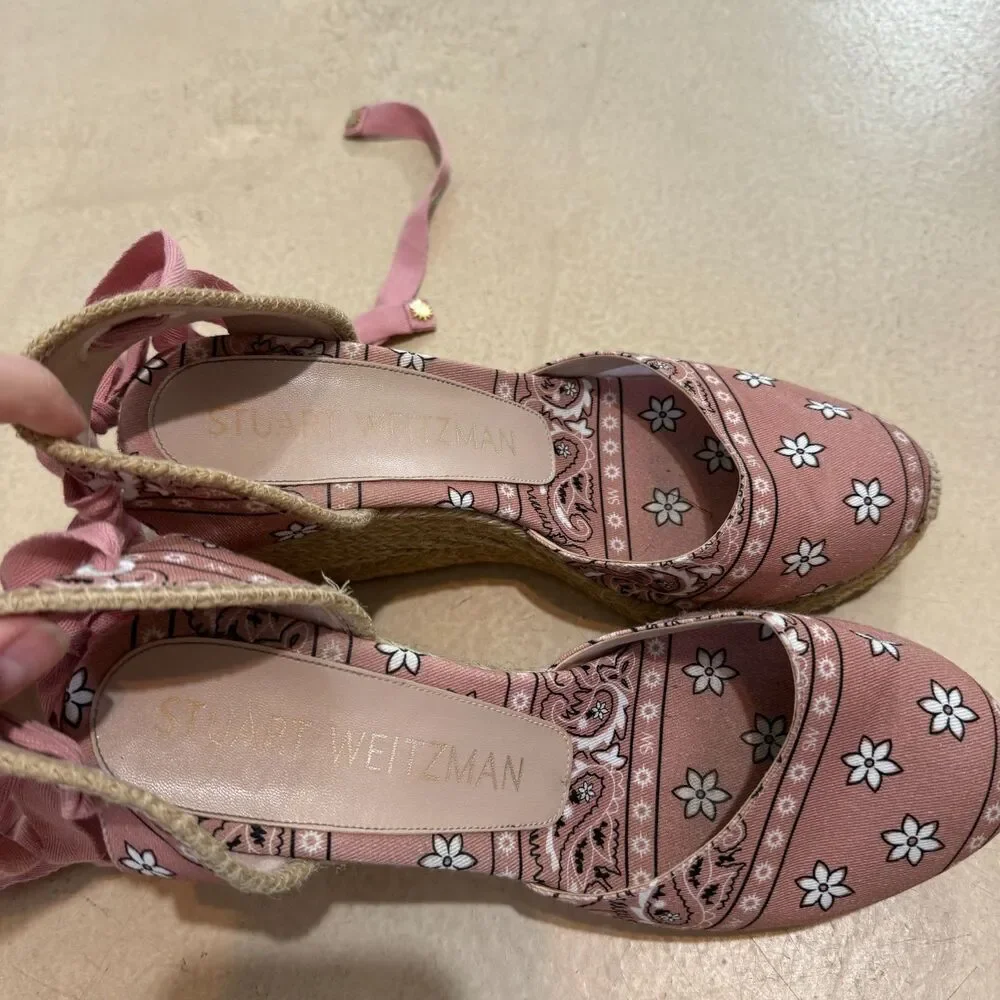 Stuart Weitzman Sandals Wedge Espadrille Bandana Print Pink Women sz 8.5